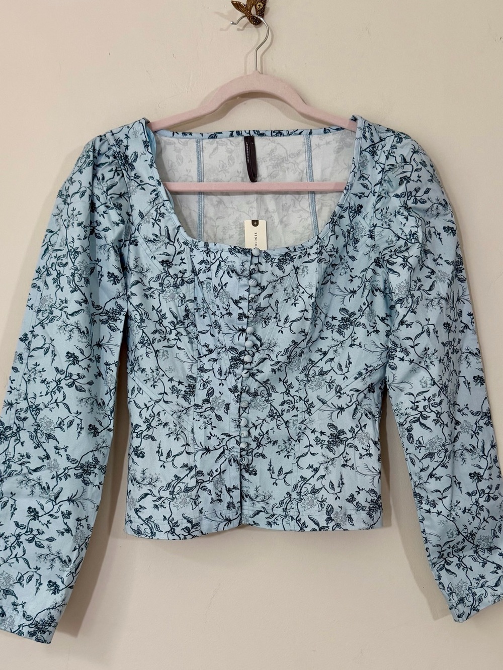 Anthropologie Pale Blue Floral Button-Front Scoop Neck Blouse